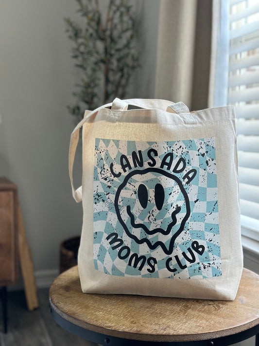 Cansada Mom's Club melted Smiley Checkered Tote Bag